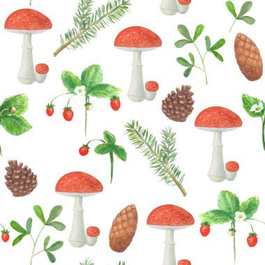 Amanita mantarlı kusursuz desen, çam dalları, ladin, çilek, koni. Suluboya el, beyaz arka plana botanik çizimler yaptı. Tekstil, duvar kağıdı ve ambalaj için suluboya baskı.