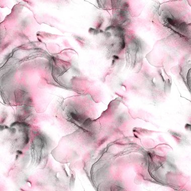 Soyut suluboya sıvı boyalı lüks arka plan. Elle çizilmiş pembe ve gri sıvı lekeleri, pürüzsüz elementler sıçratıyor. Suluboya dokusu. Tekstil, kumaş, duvar kağıdı, ambalaj kağıdı baskısı