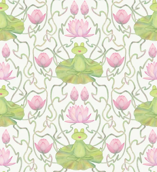 Frogs meditation in art nouveau style lake seamless pattern. Frogs meditate of in art nouveau style lake with water lilies. Watercolor hand drawn illustration. Watercolour print for wallpaper, fabric.