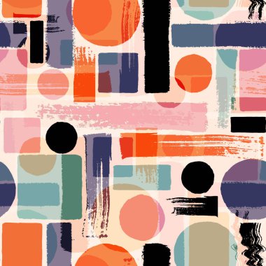 Çağdaş sanatın kusursuz bir geçmişi var. Soyut grunge geometrik şekiller. El çizimi pembe, siyah, mavi, turuncu daireler, dikdörtgenler, kare dokular. Tekstil, duvar kâğıdı ve ambalaj için yazdır