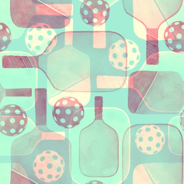 Kusursuz top ve raket deseni, modern Pickleball oyunu. Suluboya el çizimi grunge geometrik şekiller doku. Tekstil için suluboya baskı, duvar kağıdı, ambalaj. Sağlıklı yaşam tarzı, spor.