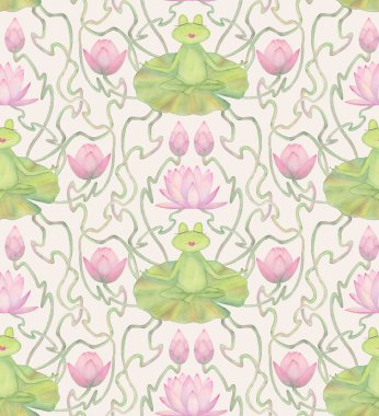 Kurbağa meditasyonu sanatsal yenilikçi stil, gölsüz desen. Kurbağalar sanatta meditasyon yaparlar. Nouveau stili gölde, nilüferlerle. Suluboya el çizimi çizimi. Duvar kağıdı ve kumaş için suluboya baskı.