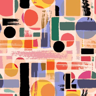 Çağdaş sanatın kusursuz bir geçmişi var. Soyut grunge geometrik şekiller. El çizimi pembe, siyah, mor, yeşil, turuncu daireler, dikdörtgenler, kare dokular. Tekstil, duvar kâğıdı ve ambalaj için yazdır