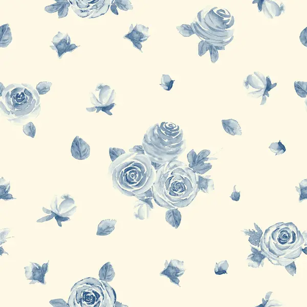 ウォーターカラー ネイビーブルーのバラの花 フローラルシームレスパターン ウォーターカラーの手描きの春夏の植物イラスト 包むペーパーのための印刷物 — ストック写真