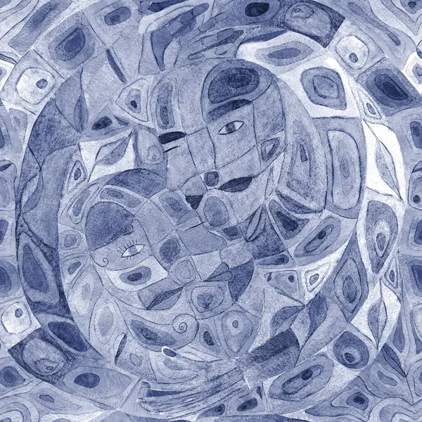 抽象的な水彩シンボリズムモノクロ背景 手描きのネイビーブルーモノクロシームレスパターン 水彩抽象化について ジンとヤン ハーモニー 包装紙のための印刷物 — ストック写真