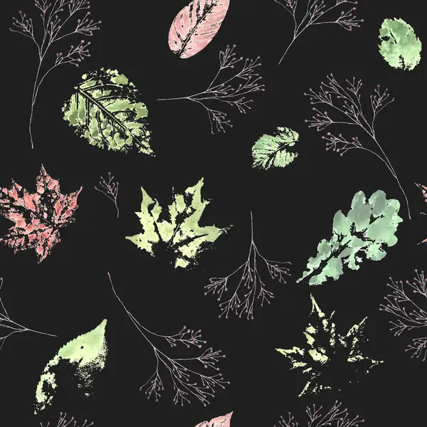 抽象的な水彩の葉の跡および乾燥したねじれの継ぎ目が無いパターン 黒い背景にカラフルなウォーターカラーの葉と花の装飾を飾ります 包むペーパーのための印刷物 — ストック写真