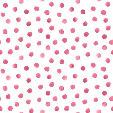 Soyut suluboya polka konfeti arkaplanı noktalar. Elle çizilmiş düzensiz pembe daireler, kusursuz desen. Suluboya renkli doku. Tekstil, kumaş, duvar kağıdı, ambalaj kağıdı baskısı.