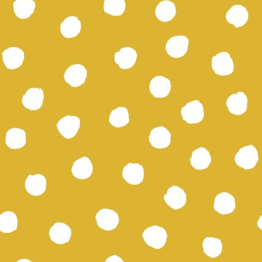 Soyut polka konfetilerin kusursuz desenlerini noktalar. Hakiki zeytin sarısı arka planda el çizimi düzensiz beyaz daireler. Renkli doku. Tekstil, kumaş, duvar kağıdı, ambalaj kağıdı baskısı.