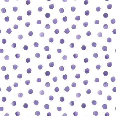 Soyut suluboya polka konfeti arkaplanı noktalar. El çizimi düzensiz lavanta rengi daireler, kusursuz desen. Suluboya renkli doku. Tekstil, kumaş, duvar kağıdı, ambalaj kağıdı baskısı.