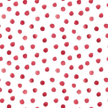 Soyut suluboya polka konfeti arkaplanı noktalar. Elle çizilmiş düzensiz pembe kırmızı daireler, kusursuz desen. Suluboya renkli doku. Tekstil, kumaş, duvar kağıdı, ambalaj kağıdı baskısı.