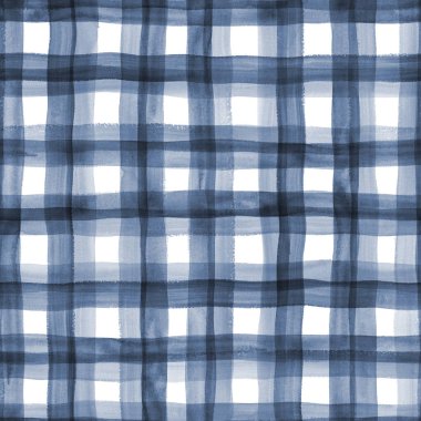 Suluboya çizgili ekose kumaş, dikişsiz desen. Beyaz arka planda lacivert çizgiler. Suluboya el çizgili doku. Kumaş tasarımı, tekstil, kumaş, duvar kağıdı, ambalaj için yazdırma.