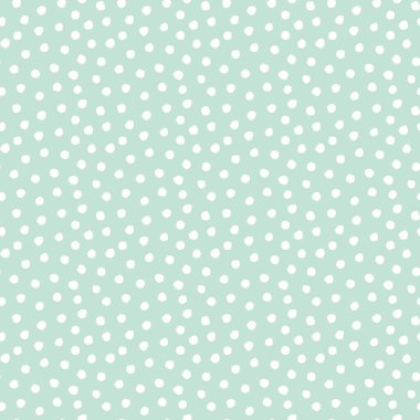 Soyut polka konfetilerin kusursuz desenlerini noktalar. Pastel yeşil naneli arka planda düzensiz beyaz daireler çizilmiş. Renkli doku. Tekstil, kumaş, duvar kağıdı, ambalaj kağıdı baskısı.