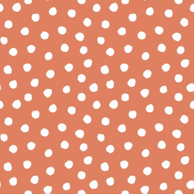 Soyut polka konfetilerin kusursuz desenlerini noktalar. Şeftali rengi arka planda el çizimi düzensiz beyaz daireler. Renkli doku. Tekstil, kumaş, duvar kağıdı, ambalaj kağıdı baskısı.