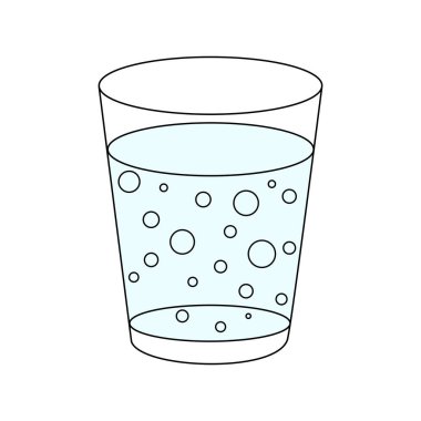 Beyaz arka planda izole edilmiş köpüklü, şeffaf bir bardak mavi soda. El çizimi vektör çizimi. Metin için boşluk