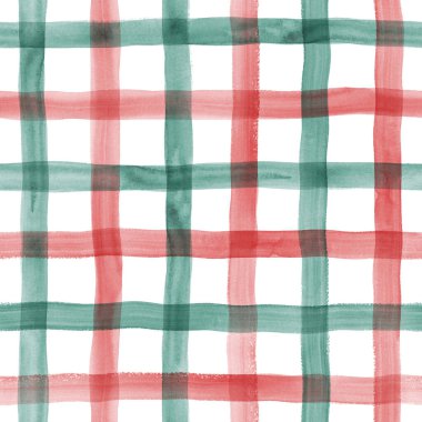 Suluboya çizgili ekose kumaş, dikişsiz desen. Beyaz arka planda kırmızı ve yeşil çizgiler. Suluboya el çizgili doku. Kumaş tasarımı, tekstil, kumaş, duvar kağıdı, ambalaj için yazdırma.
