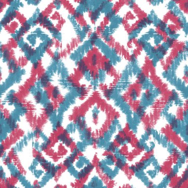 Suluboya boho stili, kusursuz deseni süslüyor. Beyaz arkaplanda Teal mavisi ve pembe kırmızı renkte elementler. Suluboya el, soyut doku çizilmiş. Tekstil, kumaş, duvar kağıdı, ambalaj için yazdırma.