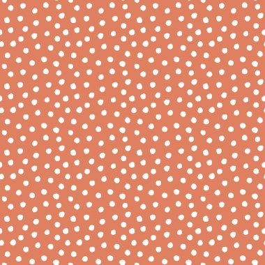 Soyut polka konfetilerin kusursuz desenlerini noktalar. Şeftali rengi arka planda el çizimi düzensiz beyaz daireler. Renkli doku. Tekstil, kumaş, duvar kağıdı, ambalaj kağıdı baskısı.
