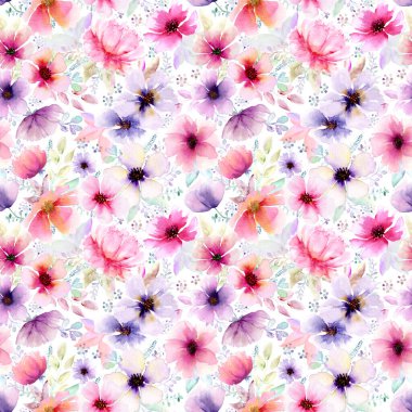 Suluboya soyut, kalın, dikişsiz çiçek deseni. Suluboya el, renkli pembe kırmızı çiçek çizimi. Duvar kağıdı, ambalaj kağıdı, tekstil, kumaş için çok renkli baskı.