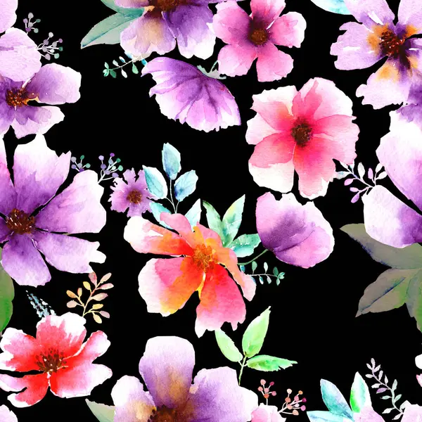 Suluboya soyut, kalın, dikişsiz çiçek deseni. Suluboya el, siyah arkaplan çizimine renkli pembe kırmızı bir çiçek çizdi. Duvar kağıdı, ambalaj kağıdı, tekstil, kumaş baskısı.