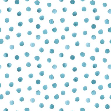 Soyut suluboya polka konfeti arkaplanı noktalar. El çizimi düzensiz mavi mavi daireler, kusursuz desen. Suluboya renkli doku. Tekstil, kumaş, duvar kağıdı, ambalaj kağıdı baskısı.