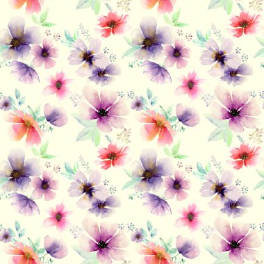 Suluboya soyut, kalın, dikişsiz çiçek deseni. Sütlü beyaz arka planda suluboya el renkli pembe kırmızı çiçek çizdi. Duvar kağıdı, ambalaj kağıdı, tekstil, kumaş için çok renkli baskı.