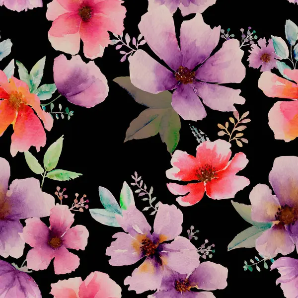 Suluboya soyut, kalın, dikişsiz çiçek deseni. Suluboya el, siyah arkaplan çizimine renkli pembe kırmızı bir çiçek çizdi. Duvar kağıdı, ambalaj kağıdı, tekstil, kumaş baskısı.