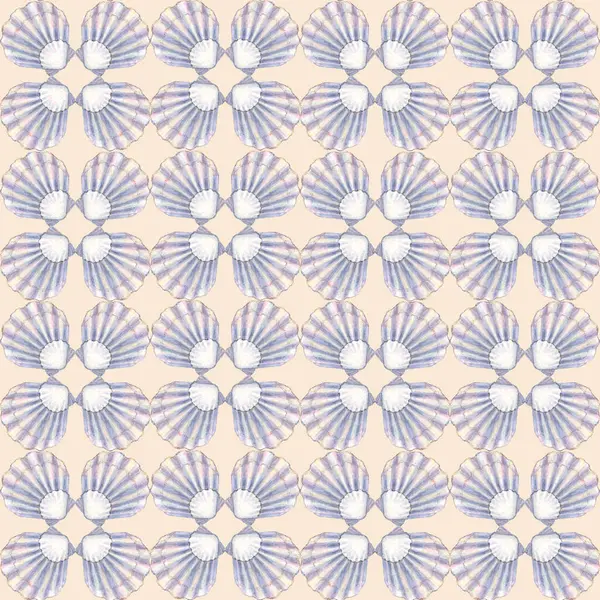 Sanat deco tarzı soyut suluboya deniz kabukları geometrik şekiller kusursuz desen dokusu. Bej arka planda elle çizilmiş mavi elementler. Tekstil, duvar kağıdı ve ambalaj kağıdı için suluboya baskı.