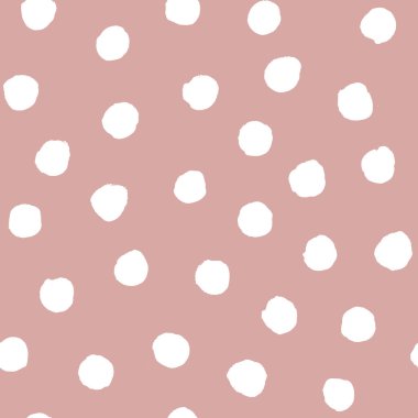 Soyut polka konfetilerin kusursuz desenlerini noktalar. Pastel şeftali rengi arka planda el çizimi düzensiz beyaz daireler. Renkli doku. Tekstil, kumaş, duvar kağıdı, ambalaj kağıdı baskısı.