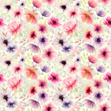 Suluboya soyut, kalın, dikişsiz çiçek deseni. Suluboya el, sıcak beyaz üzerine pembe pembe çiçek çizilmiş. Duvar kağıdı, ambalaj kağıdı, tekstil, kumaş için çok renkli baskı.