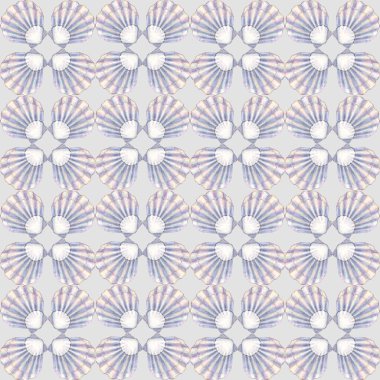 Sanat deco tarzı soyut suluboya deniz kabukları geometrik şekiller kusursuz desen dokusu. Gri arka planda el çizimi mavi elementler. Tekstil, duvar kağıdı ve ambalaj kağıdı için suluboya baskı.