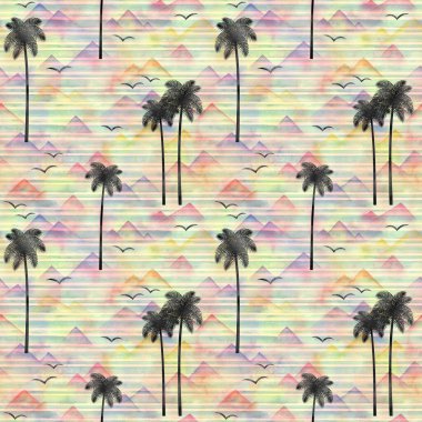 Çok renkli arka planda palmiye ağaçları ve martılar olan dikişsiz suluboya deseni. Suluboya el çizimi Palm Springs tarzı illüstrasyon. Tekstil, kumaş, duvar kağıdı, ambalaj kağıdı baskısı.