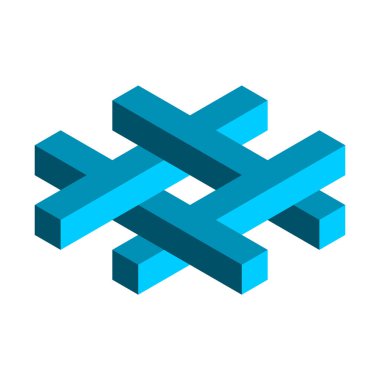 İmkansız hashtag sembolü. Mavi Esher penrose geometrik şekli. Operasyon tabelaları. Görsel numara, optik yanılsama. Mavi 3D izometrik nesne. SEO terfisi için Octothorp simgesi. Vektör illüstrasyonu, klip sanatı. 