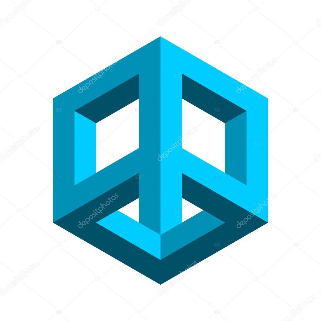 Impossible rhombus figure. 3D geometric object. Blue penrose Esher shape. Rectangular peace like sign. Square isometric object. Visual trick, optical illusion. Op art. Vector illustration, clip art.
