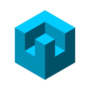 Mavi şato kübü izometrik şekli. L, U, V harfleri, logo tasarım şablonu. Bina, mimari, inşaat endüstrisi sembolü. Geometrik altıgen nesne. Kale ikonu. Vektör illüstrasyonu, klip sanatı.