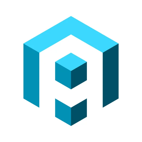 Blauwe Letter Een Kubus Logo Zeshoek Geometrische Vorm Met Letter — Stockvector