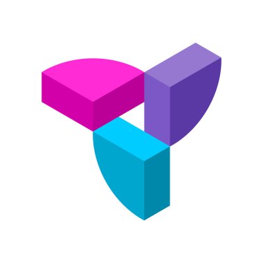 Renkli üç boyutlu logo tasarım şablonu. Üçgen şeklindeki bir çemberin çeyrekleri. Isometric pembe, mavi ve mor elementler birleşir. İmkansız penrose geometrik nesnesi. Vektör illüstrasyonu, klip sanatı