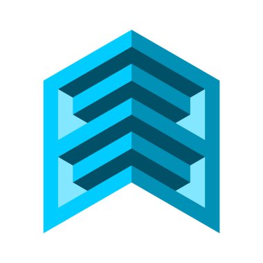 Mavi bina ok logosu tasarım şablonu. Isometric gökdelen blok şekli. Geometrik blok kare nesne. İnşaat, mimari, teknoloji konsepti. Yığınla veri. Vektör illüstrasyonu, klip sanatı. 