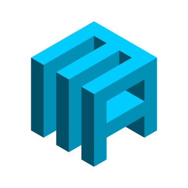 3 boyutlu M harfi ve A küpü. AM harfi logosu. Mavi geometrik altıgen şekil. Elektronik endüstrisi konsepti. Üç katmanlı nesne. İnşaat ve inşa fikirleri. Kutu monogramı. Vektör illüstrasyonu, klip sanatı.