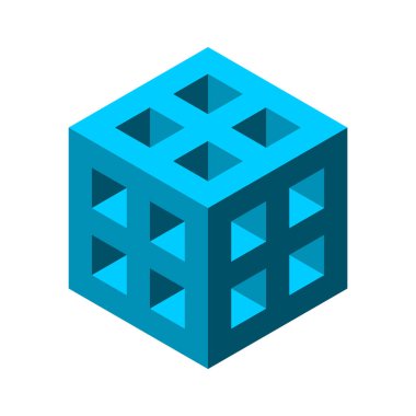 Isometric 3D küp logo tasarım şablonu. İnşaat, mimarlık, inşaat işi. Geometrik altıgen şekil ve pencere açıklıkları. Delikli mavi kulübe. Ev kavramı. Vektör illüstrasyonu.