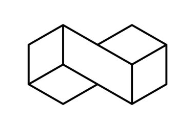 Küplerden yapılmış doğrusal Infinity sembolü. Geometrik dikdörtgen sonsuz işaret. 3 boyutlu izometrik projeksiyon. İki küp birbirine bağlı. Altıgen logo şablonu. Birlik bağlantısı kavramı. Vektör illüstrasyonu, klip sanatı  