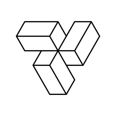 Doğrusal 3D pervane şekli gibi. Dönen üç dinamik dikdörtgen. İzometrik blok elementleri. Bir merkezde birbirine bağlı üç tuğla element. Geometrik logo şablonu. Vektör illüstrasyonu, klip sanatı