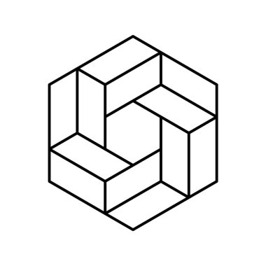 Lineer imkansız altıgen sembolü. Penrose geometrik şekli. Sonsuzluk, sonsuz konsept. Esher geometrik nesne 3 boyutlu dikdörtgenlerden yapılmıştır. Birbirine dolanmış izometrik tasarım elementleri. Vektör illüstrasyonu, klip sanatı