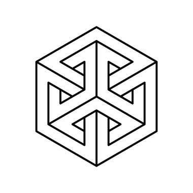 Impossible rhombus figure. 3D geometric object. Linear penrose Esher shape. Rectangular peace like sign. Square isometric object. Visual trick, optical illusion. Op art. Vector illustration, clip art