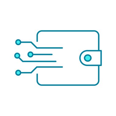 Mavi dijital cüzdan çizgisi simgesi. Elektronik ödeme konsepti. Devre kartı bağlantıları olan bir çanta taslağı. Akıllı cüzdan, e-ticaret fikri. İnternetten internet alışverişi. Vektör illüstrasyonu, düz, klip sanatı.