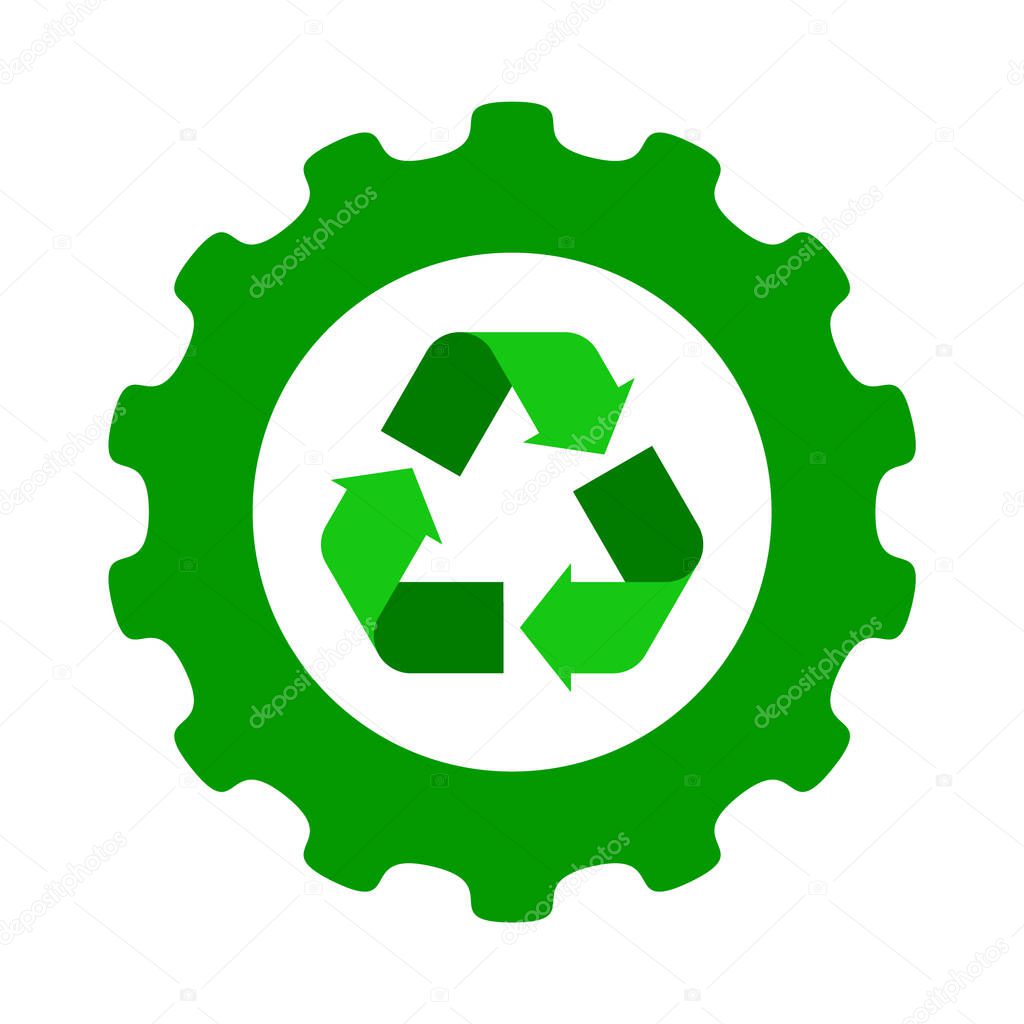 Recycle sign and cog wheel. Recycling industry symbol. Sustainable energy. Renewable resources. Environmental conservation. Zero waste. Eco friendly manufacturing. Vector illustration, flat, clip art.