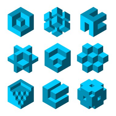 Blue geometric cube shapes set. Group of 9 abstract hexagon objects. Cross, room, stairs, diamond. Business logo template. Geometry design element. Isometric block. Vector illustration, 3D, clip art.