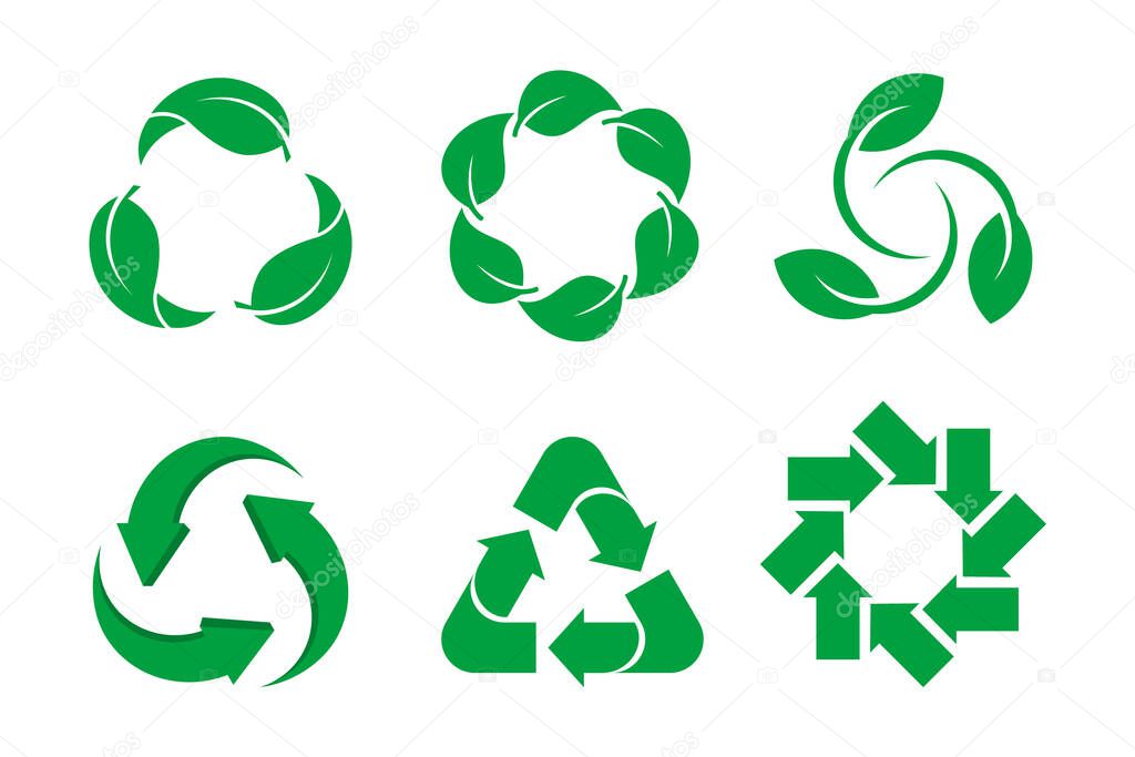 Sustainability icon set. Green arrows and leaves rotating. Recycling symbol group. Biodegradable, compostable, renewable natural material. Reduce, reuse, recycle. Vector illustration, flat, clip art.