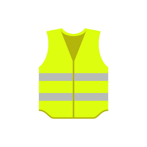 Желтый жилет. Отражательная защитная куртка. Защитное оборудование для строителей. Промышленная оккупация жилета. Жилет высокой видимости с серебряными полосками. Векторная иллюстрация, клип-арт, плоская.