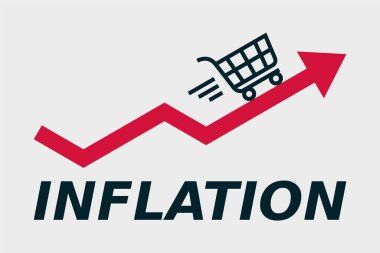 Ok ve alışveriş arabalı enflasyon konsepti. Yükselen masraflar ve fiyatlar. Ekonomik kriz. Yükselen grafikler yaşam maliyetlerini gösteriyor. Değişken piyasa değişiklikleri. İşlemci. Vektör illüstrasyonu, düz, klip sanatı.