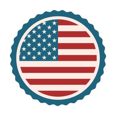Retro American ulusal damgası. ABD bayrağı daire şeklinde. Amerika bayrak rozeti. Kırmızı çizgiler ve yıldızlar. ABD amblemi ya da simgesi. Vatanseverlik, seçim, 4 Temmuz, konsept. Vektör illüstrasyonu, düz, klip sanatı